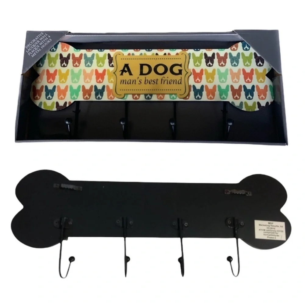 Dog Leash Rack Holder Bone Shape Wall Hook Plaque Lacquered 4 Hook Multi Purpose